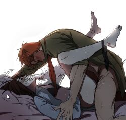 1boy 1boy1girl 1girls blush bra brown_hair covering_mouth female ginger i_love_yoo legs_up red_hair sex shin-ae_yoo straight sweat webtoon yeon-gi