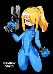 1boy black_background blonde_hair blue_eyes bodysuit casual crap-man english_text femboy firearm genderswap_(ftm) girly hair_over_one_eye handgun hi_res human light_blush long_hair looking_at_viewer male male_only metroid narrowed_eyes nintendo nipple_bulge ponytail rule_63 samus_aran solo solo_male text weapon wristwear zero_suit zero_suit_samus