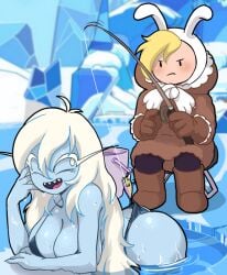 2girls adventure_time animal_hat ass bikini blonde blue_skin boots breasts bucket centinel303 chair coat cold fionna_the_human_girl fishing fishing_lure fishing_rod frown hat ice ice_kingdom ice_queen ice_queen_(adventure_time) long_eyebrows open_mouth partially_clothed smiling swimsuit water wet white_eyes white_hair white_skin