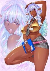 1girls 2022 armpits arms_up artist_name artist_signature belt belt_buckle belt_skirt big_breasts bikini bra bracelet breasts business_suit busty cleavage dark-skinned_female dark_elf dark_skin detached_collar ear_piercing ear_piercings earrings elf elf_female eyebrows_visible_through_hair eyelashes eyeliner eyeshadow fanbox female female_elf female_focus female_only fingernails formal ganguro gold gold_bikini gold_clothing golden_bikini gyaru hand_on_own_head heart heart_earrings hi_res high_heels high_resolution highres hourglass_figure huge_breasts jewelry kogal kuro_gyaru lace-trimmed_panties lace_trim lace_trim_panties lingerie lips lipstick long_fingernails long_hair lots_of_jewelry makeup mascara massive_breasts microskirt miniskirt multicolored_hair multiple_piercings multiple_views nail_polish necktie necktie_between_breasts no_shirt office_lady original original_character panties pantyshot pantyshot_(standing) piercing pink_belt pink_lips pink_lipstick pink_nail_polish pink_nails pointy_ears ring sharp_fingernails silver_hair skirt solo solo_female solo_focus standing standing_on_one_leg striped_skirt swimsuit tatsunami_youtoku thong very_long_hair voluptuous white_panties white_stripes wide_hips year