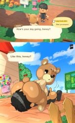 absurd_res animal_crossing animal_crossing_boy anthro ass bear big_breasts big_butt blush blush_stickers bottomless breasts cherry cherry_tree clothed clothing comic dialogue duo english_text facesitting female food fruit fruit_tree gesture hi_res human joaoppereiraus male male/female mammal maple_(animal_crossing) nintendo plant screencap text thick_thighs thumbs_up tree ursid video_games villager_(animal_crossing)