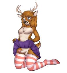 absurd_res anthro antlers blue_eyes bottomwear brown_body brown_fur capreoline cervid clothed clothing clothing_lift crossdressing ear_piercing ear_ring erection erection_under_skirt ewan_j._redding fur genitals girly hair hi_res horn humanoid_genitalia humanoid_penis legwear long_hair male mammal multicolored_body multicolored_fur penis piercing skirt skirt_lift solo thigh_highs two_tone_body two_tone_fur villmix white-tailed_deer white_body white_fur