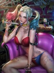 1girls baseball_bat batman_(series) blonde_hair blue_eyes blue_highlights bra bracelet choker cleavage dc dyed_hair female female_focus harley_quinn joker lipstick looking_at_viewer panties pink_highlights pinup smile solo_focus spiked_bracelet suicide_squad tagme tattoo twintails underwear yam_spectrum