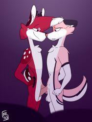 anthro ball_fondling balls canid canine canis cervid checho checho_(aftrdrkpnk) dominant duo erection femboy fondling fur furry gay genitals hair hi_res keto_(ketofur) ketofur male male/male mammal nude penis pink_hair sex shy simple_background smile submissive submissive_male wolf