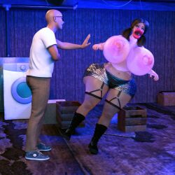 1boy 1girls 3d breasts dollification female fishnets huge_hips hyper_bimbo jackd22 large_breasts male sex_doll