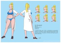 1girls big_breasts blonde_hair blue_eyes character_profile character_sheet cleavage dr._elizabeth_(ttp) female female_only human human_only lab_coat labcoat light-skinned_female light_skin original_character scientist sports sports_bra sports_shoes sportswear sporty the_tentacle_professor