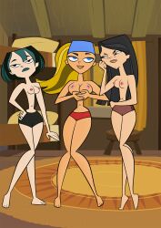 3girls accurate_art_style breasts elmrtev female female_only gwen_(tdi) heather_(tdi) light-skinned_female lindsay_(tdi) navel nipple_piercing topless topless_female total_drama_island wide_hips