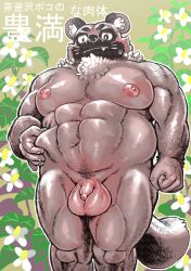 anthro balls belly belly_grab big_balls blush bodily_fluids breasts canid canine edit erect_nipples flaccid flower foreskin fur genitals hastured_cake hi_res japanese_text male mammal moobs muscular muscular_anthro muscular_male navel nipples nude overweight overweight_anthro overweight_male penis plant pubes raccoon_dog solo sweat tanuki text uncensored unretracted_foreskin