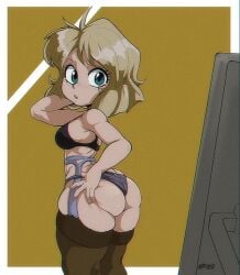 1girls ass ass_cleavage big_ass blonde_hair bra breasts butt_crack female flauschdraws garter_belt green_eyes gunsmith_cats huge_ass human light-skinned_female light_skin lingerie minnie_may_hopkins panties short_hair shortstack stockings thick_thighs wide_hips