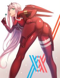 1girls 2d 2d_(artwork) ass ass_focus ass_view bodysuit clothing darling_in_the_franxx female female_focus female_only full_body_suit green_eyes hi_res highres horn horns latex latex_bodysuit latex_suit lolipop lollipop long_pink_hair looking_at_viewer looking_back mouth_open open_mouth pink_hair presenting_ass red_bodysuit red_latex red_latex_suit solo staring_at_viewer very_long_hair zero_two_(darling_in_the_franxx)