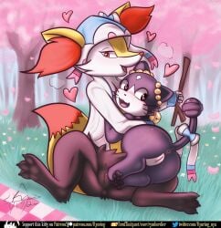 <3_eyes 2girls accessory anus bell beta_pokémon_(species) beta_pokémon_games blush bodily_fluids braixen cherry_blossom cherry_blossom_tree cherry_tree clothing digital_media_(artwork) duo english_text felid female female/female female_only feral flower fruit_tree fur furgonomics furry furry_only genital_fluids genitals hair_accessory hair_ribbon hairbow heart hi_res hoodie inner_ear_fluff looking_at_viewer mammal nintendo open_mouth outside petals plant pokémon_(species) pokémon_gold_beta pokemon pokemon_(species) pokemon_only pussy pussy_juice ribbons rinrin rymherdier rynring signature smile spank_marks spread_legs spreading tail tail_accessory tail_ribbon text topwear tree tuft url video_games yellow_body yellow_fur