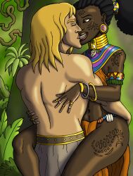 1boy 1girls african_female athletic_female athletic_male bare_thighs blonde_hair couple dark-skinned_female dark_skin duo female interracial jungle kissing light-skinned_male light_skin male male/female midriff navel nord tyrannoninja