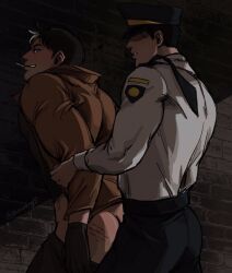 abuse_of_power against_wall alley anal anal_sex arrest batman_(series) cigarette_in_mouth dc dc_comics dick_grayson fucked_from_behind gay jason_todd male male/male male_only nightwing police police_uniform public red_hood_(dc) unmoving yaoi