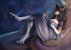 2022 4_toes 5_fingers anthro areola breasts canid canine canis digital_media_(artwork) digitigrade eyebrows eyelashes feet female fingers hi_res mammal nipples nude pawpads red_eyes smile solo space toes wolf zumjakal