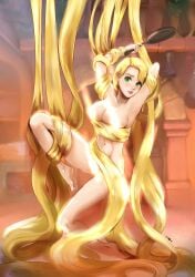 arasfwitch barefoot blonde_hair bondage disney disney_princess feet frying_pan gold_hair green_eyes hair hair_bondage long_hair naked nude rapunzel signature tagme tangled very_long_hair