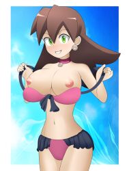 1girls bangs bare_shoulders big_breasts bikini breasts brown_hair capcom collar earrings green_eyes grin highres hyperzero lluanhyperzero looking_at_viewer mega_man mega_man_legends mega_man_x_dive nipples solo summer swimsuit tron_bonne undressing