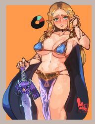 1girls 2022 alternate_version_available artist_logo big_breasts blonde_hair blush blushing_at_viewer border breasts breath_of_the_wild cape curvaceous curvy earrings elf_ears female female_only game_mechanics gray_border green_eyes hair_clips hourglass_figure keziedra large_breasts light-skinned_female light_skin loincloth long_blonde_hair long_hair looking_at_viewer master_sword nintendo princess_zelda revealing_clothes solo solo_female stamina_wheel sweat sweating sweaty sweaty_body sword the_legend_of_zelda the_legend_of_zelda:_breath_of_the_wild thighs triforce_earrings voluptuous zelda_(breath_of_the_wild)