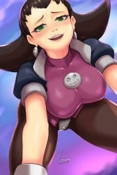 1girls big_ass big_breasts blush brown_hair capcom clothed crotch_plate earrings green_eyes lipstick looking_pleasured mega_man mega_man_legends nox_(artist) noxcuro solo thick_thighs tron_bonne