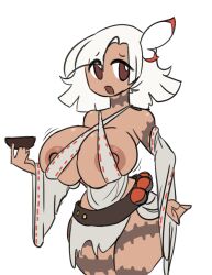 areola areolae byternomar cute dark-skinned_female dark_skin exposed_breasts exposed_nipples female large_breasts loose_clothes oc original original_character short_hair sketch tan_skin tanned_female tanned_skin tribal tribal_markings tribal_tattoo white_hair