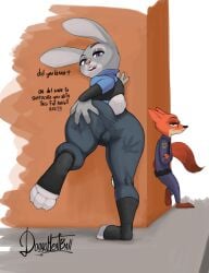 1boy 1boy1girl 1girls against_surface against_wall anthro ass big_butt big_ears bodily_fluids bulletproof_vest butt canid canine clothing disney doggomeatball duo eyewear female footwear fox genital_fluids glasses green_eyes grey_body hi_res judy_hopps lagomorph leporid looking_at_viewer looking_back looking_back_at_viewer male mammal nick_wilde orange_body police_uniform presenting presenting_hindquarters purple_eyes pussy_juice pussy_juice_through_clothing rabbit shortstack spread_butt spreading sunglasses tight_clothing toeless_footwear uniform wet wet_clothing wide_hips zootopia zootropolis