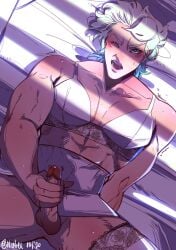 1boy battle_tendency blonde_hair bra caesar_zeppeli garter_belt genitals handjob jojo's_bizarre_adventure legwear lingerie lying_on_back male male_in_lingerie male_only masturbation notniiniel on_back one_eye_closed open_mouth penis penis_grab solo solo_focus stroking_penis thigh_highs thighhighs white_lingerie