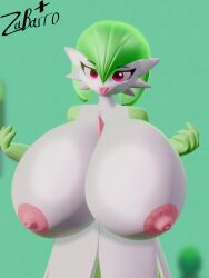 2022 3d_(artwork) absurd_res areola big_breasts blurred_background blush breasts cloud day digital_media_(artwork) english_text eyebrows eyelashes female forest front_view gardevoir grass green_hair hair hands_behind_head heart hi_res huge_breasts humanoid hyper hyper_breasts looking_at_viewer nintendo nipples not_furry nude outside pink_areola pink_nipples plant pokémon_(species) pokemon pokemon_(species) red_eyes shaded short_hair signature simple_background skindentation sky smile solo text tongue tongue_out tree video_games white_body za_barro