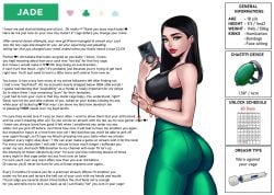 1girls 2d ass black_hair caption chastity chastity_cage chastity_key domination female femdom femdom_caption green_eyes human implied_facesitting jade_(otto_cubze) key keyholder neltumo otto_cubze penis_cage selfie skimpy solo solo_female story streamer text