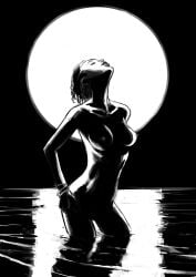 ass au_(artist) black_and_white breasts erect_nipples moon nipples water wet