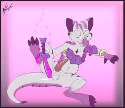 anal anal_masturbation anal_sex anthro anus armor bodily_fluids border chubby_male clothing costume genital_fluids genitals hi_res improvised_sex_toy kobold male male_only masturbation melee_weapon penetration penis pose precum purple_border sex_toy solo solo_male spread_legs spreading sword tao_(gunfire_reborn) uriel2sb weapon