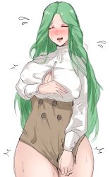 1girls bare_thighs blush breasts cleavage closed_eyes covered_nipples covering covering_breasts covering_crotch embarrassed female female_only fire_emblem fire_emblem:_three_houses garreg_mach_monastery_uniform green_hair huge_breasts kahun9893 long_hair nintendo rhea_(fire_emblem) solo thick_thighs thighs undersized_clothes very_long_hair