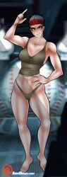 1girls alien_(franchise) aliens_(1986) bandana big_breasts black_eyes black_hair dark-skinned_female dark_skin female hand_on_waist highleg_panties human jago_dibuja jenette_vasquez mature_female muscular posing red_bandana scars short_hair skimpy tank_top thong tomboy