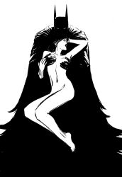 1boy1girl artistic_nude ass au_(artist) batman batman_(series) black_and_white black_hair breasts bruce_wayne catwoman covered_nipples covering_breasts dc dc_comics legs naked_female nipples selina_kyle sensual shadow silhouette