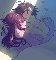 1boy 1girls after_sex bed bite_mark blush brown_hair condom_wrapper deltarune female holding_partner kris_(deltarune) lying_on_bed male pillow pink_hair pink_skin red_eyes romantic romantic_couple scratches sleeping sleeping_naked ss_komu susie_(deltarune) undertale wholesome