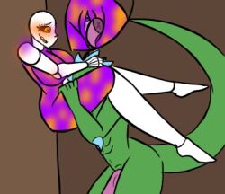 1boy 1girls crossover female male pussy_licking raptor rule_63 sans skeleton tongue tongue_out undertale undertale_(series) undertale_au unknown_artist vergence