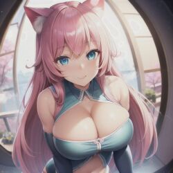 ai_generated animal_ears big_breasts blue_eyes blush cosplay fisheye_lens fit_female happy hi_res japanese_house original_character overflowing_breasts pink_hair sleeves slim_waist smile traditional_clothes user_lovespike