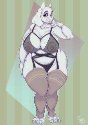 absurd_res anthro big_breasts bk_kumatora bovid breasts caprine clothing female fur goat hi_res horn huge_breasts humanoid legwear lingerie mammal mature_female nipples overweight overweight_anthro overweight_female pinup pose slightly_chubby smile solo stockings thick_thighs tight_clothing toriel translucent translucent_clothing undertale underwear video_games white_body white_fur wide_hips