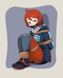 angry arezu_(pokemon) bondage boots gag game_freak hoodie lostonezero nintendo no_text pantyhose pokemon pokemon_legends:_arceus red_hair shorts solo solo_female tied_up tights