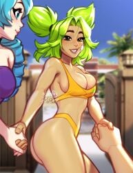 2girls ass blue_eyes blue_hair blushypixy blushyspicy breasts brown_eyes female green_hair gwen_(league_of_legends) handholding league_of_legends looking_at_another looking_at_viewer pov pov_eye_contact riot_games smile swimsuit thighs tight_swimsuit twintails zeri_(league_of_legends)