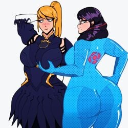 2girls accessory alternate_costume alternate_outfit animated animated_gif arm_length_gloves ass backboob bayonetta bayonetta_(character) bayonetta_(cosplay) bayonetta_3 beauty_mark big_ass big_breasts black_hair blonde_hair blue_eyes blush bodysuit breast_grab breasts bubble_butt cdlum clothing_swap costume_switch curvy elbow_gloves embarrassed fat_ass female female_only fondling fondling_breast fully_clothed gif glasses gloves grabbing grabbing_breasts hand_behind_head large_ass large_breasts light-skinned_female light_skin long_gloves mature mature_female metroid mole mole_under_mouth multiple_girls nintendo outfit_swap ponytail samus_aran samus_aran_(cosplay) thick_thighs thighs tied_hair voluptuous yuri zero_suit