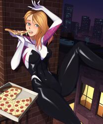 1girls asymmetrical_hair barleyshake blonde_hair female female_only gwen_stacy marvel marvel_comics pizza pizza_time skin_tight solo spider-gwen spider-man:_into_the_spider-verse spider-man_(series) thick_thighs tight_fit