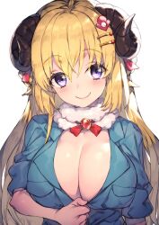 1girls big_breasts blonde_hair blue_eyes blue_suit cleavage cosplay eyebrows_visible_through_hair female holoforce hololive hololive_japan horns kuso_miso_technique light-skinned_female long_hair redcomet sheep_ears sheep_girl sheep_horns solo solo_female tsunomaki_watame virtual_youtuber white_background yaranaika