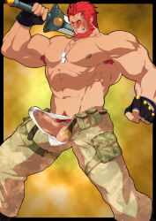 1boy abs absurdres armpit_hair ass_visible_through_thighs bara beard biceps black_gloves blush boner bulge camouflage camouflage_pants cum dark-skinned_male dark_skin dog_tags ejaculation erection erection_under_clothes facial_hair fate/grand_order fate/zero fate_(series) feet_out_of_frame fingerless_gloves gloves highres iskandar_(fate) kito_(clamp5656) large_pectorals legs_apart male_focus male_only male_pubic_hair male_underwear mature_male muscular muscular_male navel nipples official_alternate_costume over_shoulder pants pectorals penis penis_peek pubic_hair red_eyes red_hair reward_available short_hair solo stomach sword sword_over_shoulder testicles thick_thighs thighs uncensored underwear veins veiny_penis weapon weapon_over_shoulder wet wet_clothes wet_male_underwear white_male_underwear