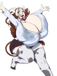 2022 animal_ears animal_tail big_breasts braided_hair braided_ponytail breasts cleavage cow_ears cow_girl cow_horns cow_print cow_print_thighhighs cow_tail female female_focus horns huge_breasts large_breasts leche_(ushiji) long_hair massive_breasts simple_background skirt solo solo_female solo_focus sugarbugtrash tail thick_thighs thighhighs thighs two_tone_hair white_background