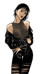 au_(artist) black_hair breasts erect_nipples natalia_(au) nipple_piercing nipples_visible_through_clothing ripped_jeans streetwear transparent_clothing