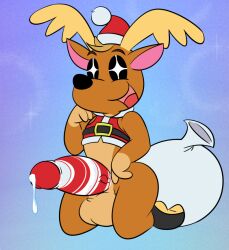 animal_crossing anthro balls bodily_fluids boots bottomless capreoline cervid christmas christmas_clothing clothed clothing crop_top erection femboy footwear genital_fluids genitals girly happy holidays jingle_(animal_crossing) kneeling male mammal nintendo open_mouth open_smile penis precum psyredtails reindeer shirt smile solo topwear video_games