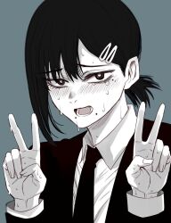 black_eyes black_hair blush chainsaw_man double_peace_sign double_v facing_viewer fingers higashiyama_kobeni hoshi_san_3 open_mouth peace_sign sole_female sweat