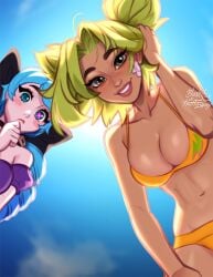 2girls blue_hair blush blushypixy blushyspicy breasts brown_eyes different_eye_color female female_only green_hair gwen_(league_of_legends) hand_on_head league_of_legends looking_at_viewer looking_down navel pov pov_eye_contact riot_games smile swimsuit twintails zeri_(league_of_legends)