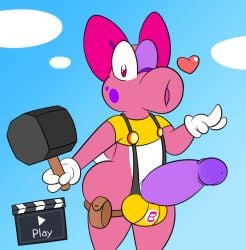 accessory anthro ass bag big_butt bikini birdo blue_sky clothing crop_top erection freckles genitals gesture hair_accessory hair_ribbon hairbow hammer heart looking_at_viewer male male_only mario_(series) nintendo one_eye_closed penis psyredtails purple_penis ribbons shirt sky sling_bikini solo super_mario_bros. super_mario_maker swimwear tools topwear video_games waving wink winking_at_viewer