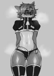 anthro black_and_white blush blush_lines bodily_fluids bulge canid canine cheek_tuft clothing crop_top crop_top_jacket ear_piercing ear_ring ears_back erection facial_tuft femboy flustered fox genitals half-closed_eyes humanoid_genitalia humanoid_penis jimnsei legwear male mammal midriff monochrome narrowed_eyes navel penis piercing pivoted_ears poking_out shirt shy simple_background solo stockings sweat sweatdrop thick_thighs thong topwear tuft underwear wide_hips