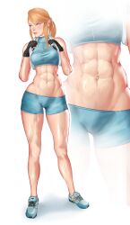 abs blonde_hair blue_eyes casual_outfit_(metroid) female female_only metroid metroid_dread mole_under_mouth mon_eree muscular_female ponytail samus_aran shorts simple_background sweat tomboy white_background workout_clothes